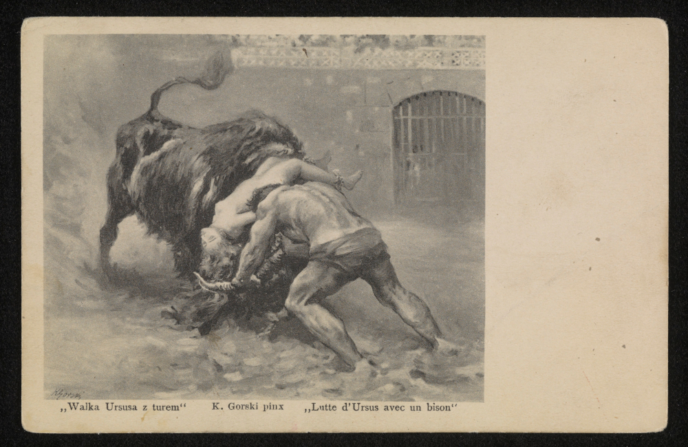 Pocztówka z reprodukcją obrazu Konstantego Górskiego "Walka Ursusa z turem" (fot. POLONA)