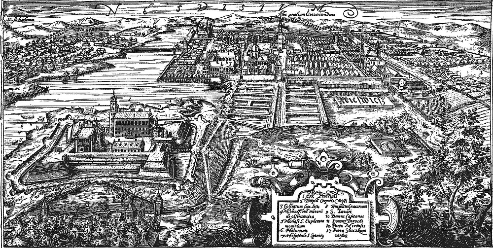 Nieśwież na rycinie z 1604 r. (Wikimedia)