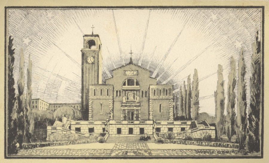 Widok z placu przed kościołem Matki Bożej Ostrobramskiej we Lwowie – projekt, 1931, pocztówka, domena publiczna