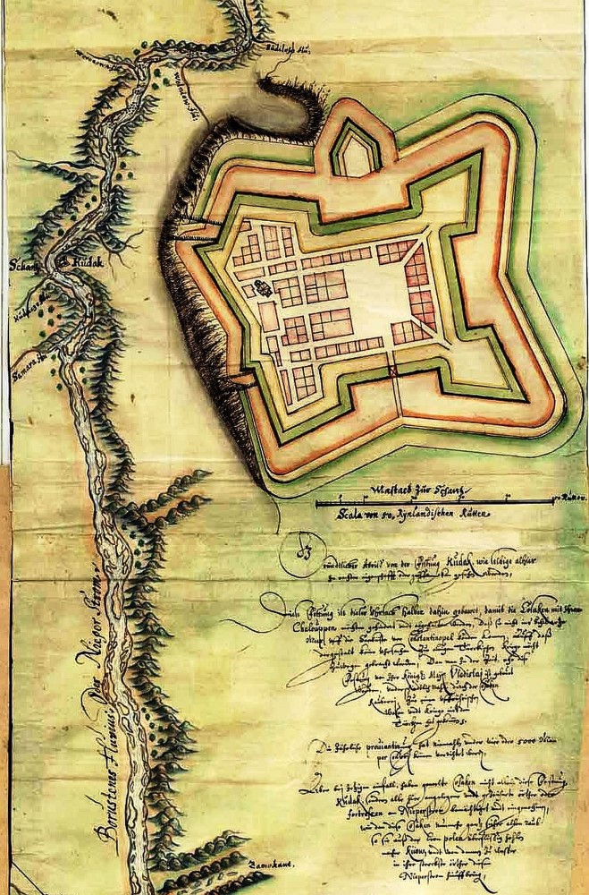 Plan fortu Kudak wraz z opisem wykonany przez J. Pleitnera (ze zbiorów Jerzego Czajewskiego)