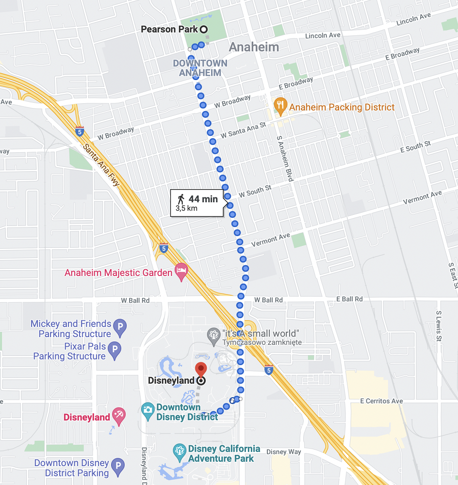 Marszruta przez Anaheim: z Disneylandu do Pearson Park, Google Mapa, domena publiczna