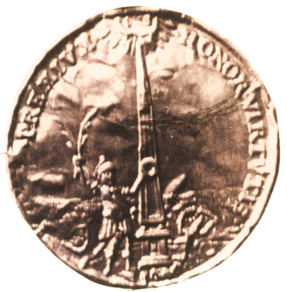Rewers złotego medalu z 1641 r. z widokiem obelisku i Smoleńska
