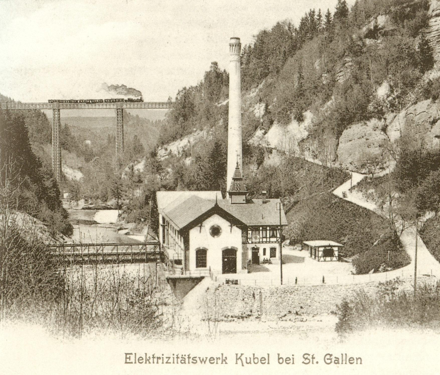 Elektrownia wodna w Kubel k. Sankt Gallen, pocztówka z 1903, domena publiczna