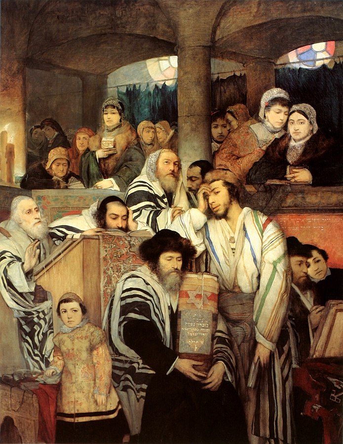 „Żydzi modlący się w synagodze podczas Jom Kipur”, 1878, olej, płótno, Muzeum Sztuki w Tel Awiwie, Wikimedia