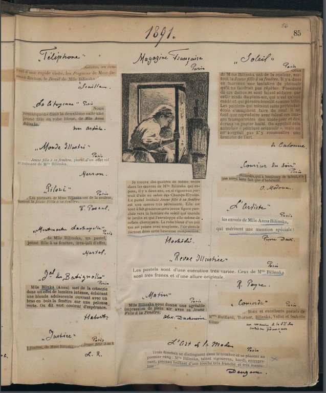 Karta z fotografią i wycinkami prasowymi dotyczącymi prezentacji pastelu z 1891 r., Mémorial Album, Biblioteka Jagiellońska, domena publiczna