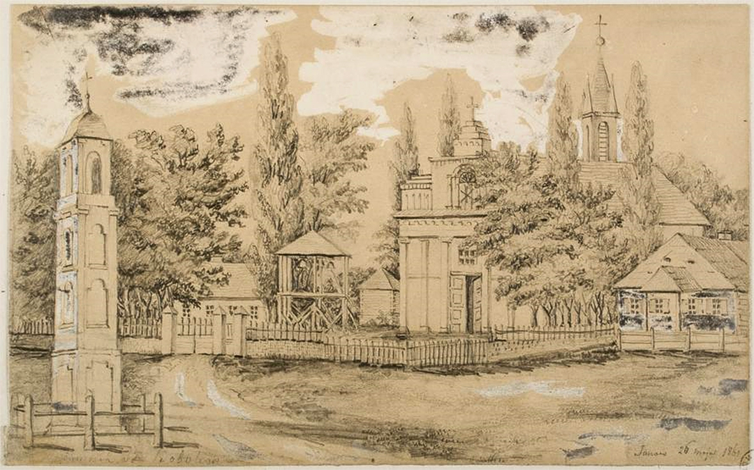 Kapliczka na miejscu męczeństwa św. Andrzeja Boboli i kościół w Janowie Poleskim, rysunek Napoleona Ordy, 1861, fot. MNK zbiory cyfrowe