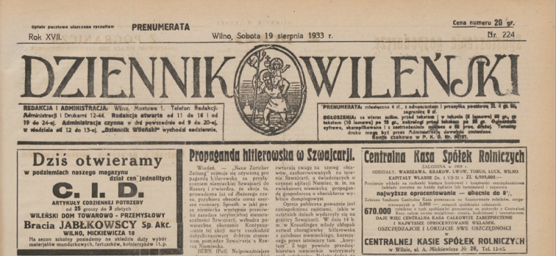 Reklama Wileńskiego Domu Towarowo-Przemysłowego Bracia Jabłkowscy, „Dziennik Wileński”, 1933 - Instytut POLONIKA
