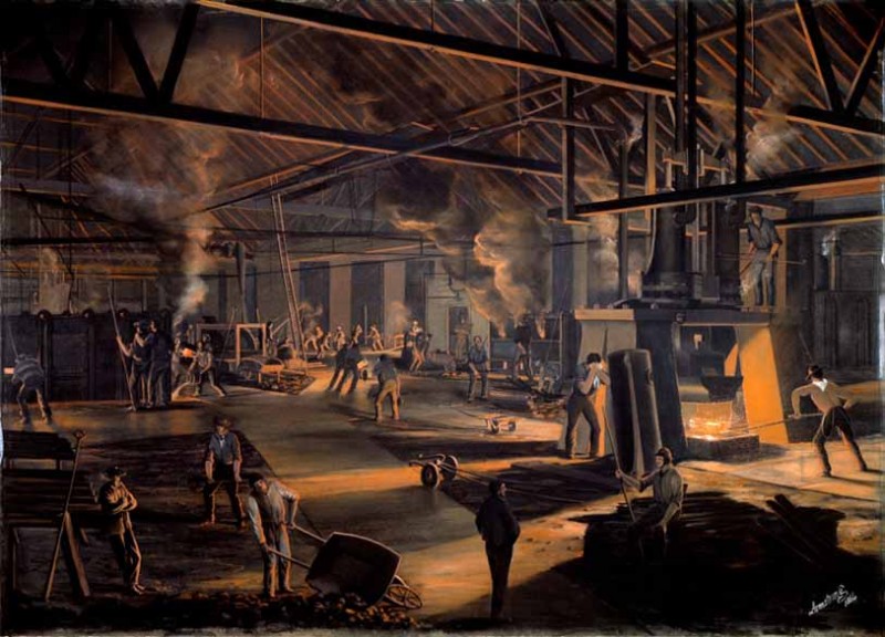 Na obrazie uwieczniono pracę w fabryce metalurgicznej Gzowskiego. Wiliam Armstrong, Toronto Rolling Mills, 1864 r., domena publiczna- Instytut POLONIKA