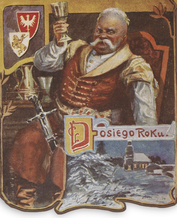 Otwórz zdjęcie Kartka z życzeniami noworocznymi przedstawiająca polskiego szlachcica z pucharem i szablą