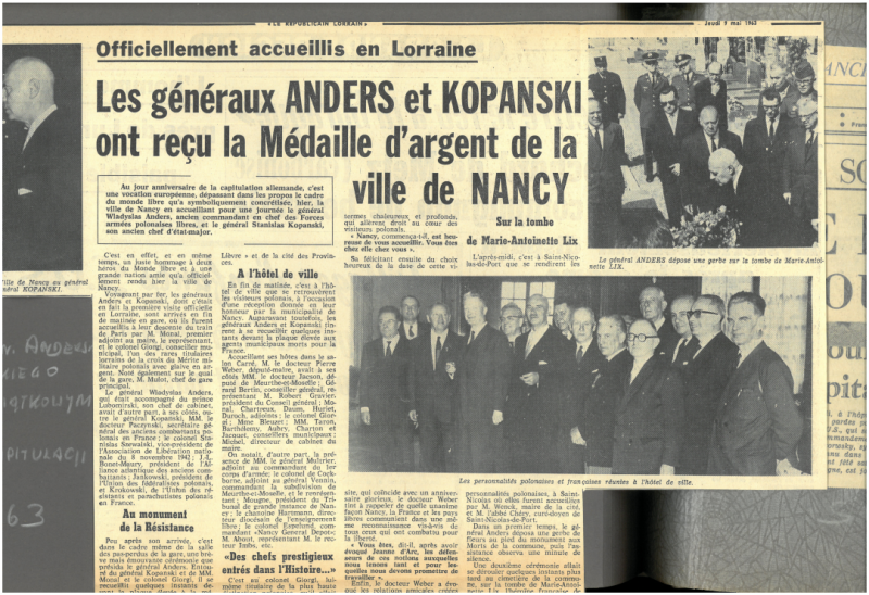 Fragment z francuskiej prasy, w centralnej części zdjęcie W. Andersa i gen. S. Kopańskiego