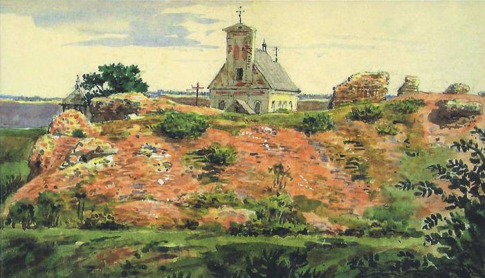 Obraz kościoła na wzniesieniu w otoczeniu ruin oraz pojedynczych drzew